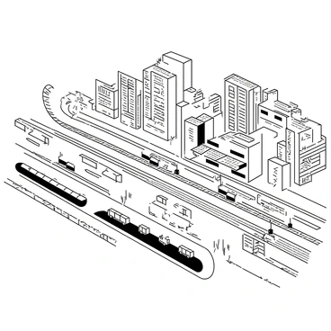 A bird's eye view of a sprawling city layout. The scene includes a network of roads, with cars and buses depicted in black and white, winding through the urban landscape. Railways crisscross the city, with train tracks clearly visible and trains positioned along them. Various docks are outlined along a waterfront, showing cargo ships and containers organized neatly. Buildings of different heights and shapes form a dense skyline, with some featuring distinct architectural styles. The overall composition captures the intricate relationship between transportation and commerce in the city.