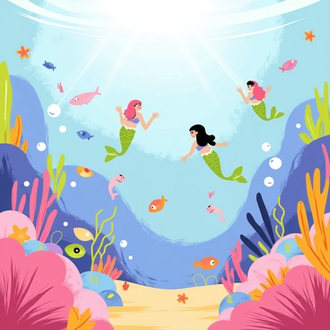 An underwater kingdom filled with vibrant coral reefs in shades of pink, orange, and purple. Several mermaids with colorful tails swim gracefully, showcasing shimmering scales. Different species of sea creatures, including fish, seahorses, and starfish, are scattered throughout the scene. Bubbles rise from the ocean floor, adding to the lively atmosphere of this bustling underwater world. Sunlight filters through the water, casting a warm glow over the entire kingdom.