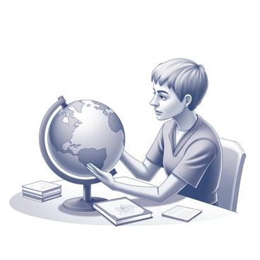A blind person is seated at a table, focused on a tactile globe. Their hands gently glide over the surface of the globe, tracing the raised contours of the continents. The individual has a look of concentration, as they explore the geographical features with their fingertips. The globe is detailed with textured markings that represent mountains and valleys. The setting includes a well-lit space, with various educational materials surrounding the globe, emphasizing the theme of learning through touch.