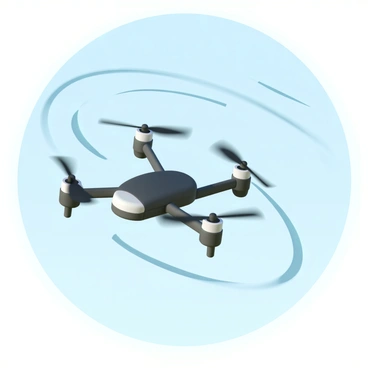 A drone, featuring a sleek design with four propellers, is executing a sharp turn in mid-air. The body of the drone is predominantly black with silver accents, catching the light as it maneuvers. Motion lines are visibly trailing behind the drone, illustrating its swift path through the air. The background showcases a clear blue sky, emphasizing the drone's agile movement.