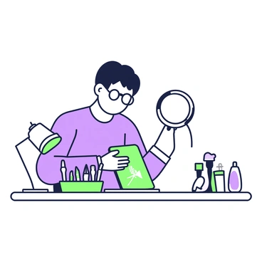 A technician is focused on repairing a cracked smartphone screen at a tidy workbench. The technician is wearing a blue shirt and glasses, with tools neatly arranged on the surface in front of him. There is a small magnifying lamp positioned to the side, illuminating the smartphone screen on a repair mat. Next to the technician, there are various tools such as a screwdriver set and a pair of tweezers, organized in a small tray. There is a roll of adhesive tape and a bottle of cleaning solution on the workbench as well, completing the scene of a meticulous repair environment.