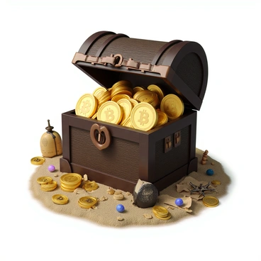 A large, weathered pirate-style treasure chest made of dark wood with bronze accents. The chest is slightly open, revealing an overflowing collection of shiny, golden 3D bitcoins spilling out. The bitcoins have distinctive engravings showing a stylized "B" on one side. The scene includes scattered gold coins and jewels around the base of the chest, with a few open on the lid, reflecting light. The background is a sandy beach dotted with pirate-themed items like a tattered map and a compass.