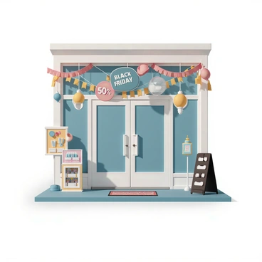 A store entrance, featuring a large glass double door, is adorned with vibrant streamers in red, blue, and yellow colors, hanging down from the top. Above the entrance, several bold "Black Friday" signs are prominently displayed, some with eye-catching discounts in white letters. The floor is lined with a welcome mat, and outside the entrance, there are neatly arranged promotional displays showcasing various products. Bright lights illuminate the scene, making the streamers and signs stand out against the evening sky.