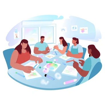 A group of artists is gathered around a table covered with colorful sketches and drawings. The table is cluttered with pencils, markers, and various art supplies. Each artist has different sketches in front of them, depicting whimsical characters and vibrant landscapes. Some illustrations feature playful animals, while others showcase imaginative scenes from a children's story. The background is a bright, inviting studio filled with natural light, with walls adorned with more artwork and inspiration hanging nearby.