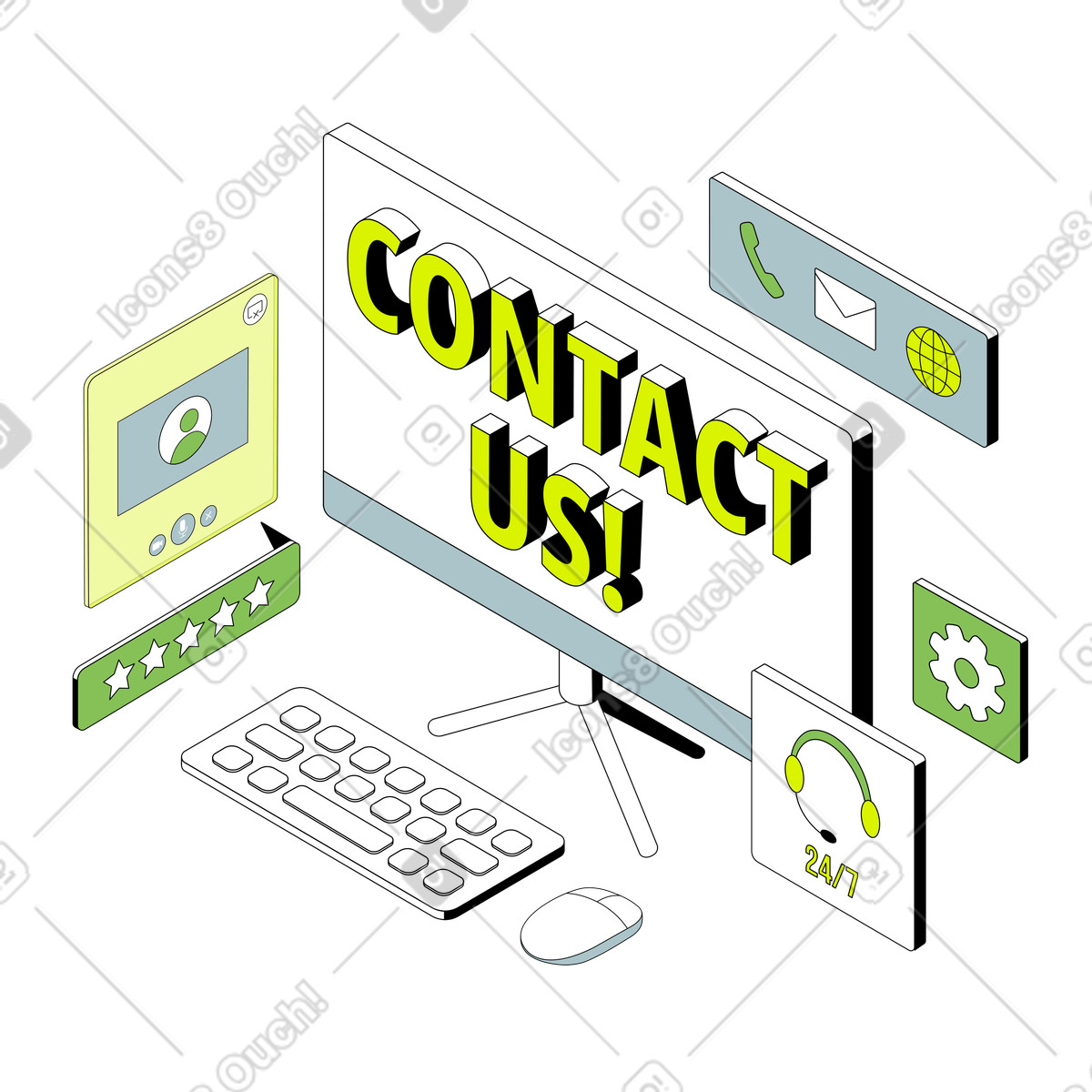 Lettere contattaci! con i social media e il testo dei segnali di supporto illustrazione in stile Isometric scarica in PNG, SVG