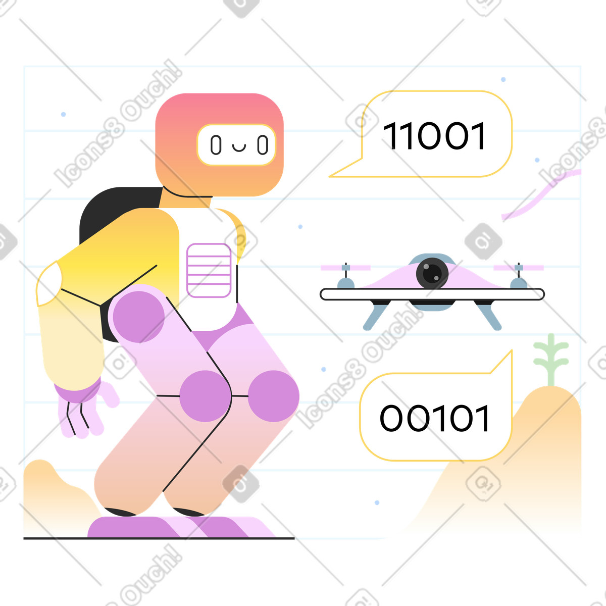 Illustration Robots et drones dans le style Marginalia à télécharger aux formats PNG, SVG
