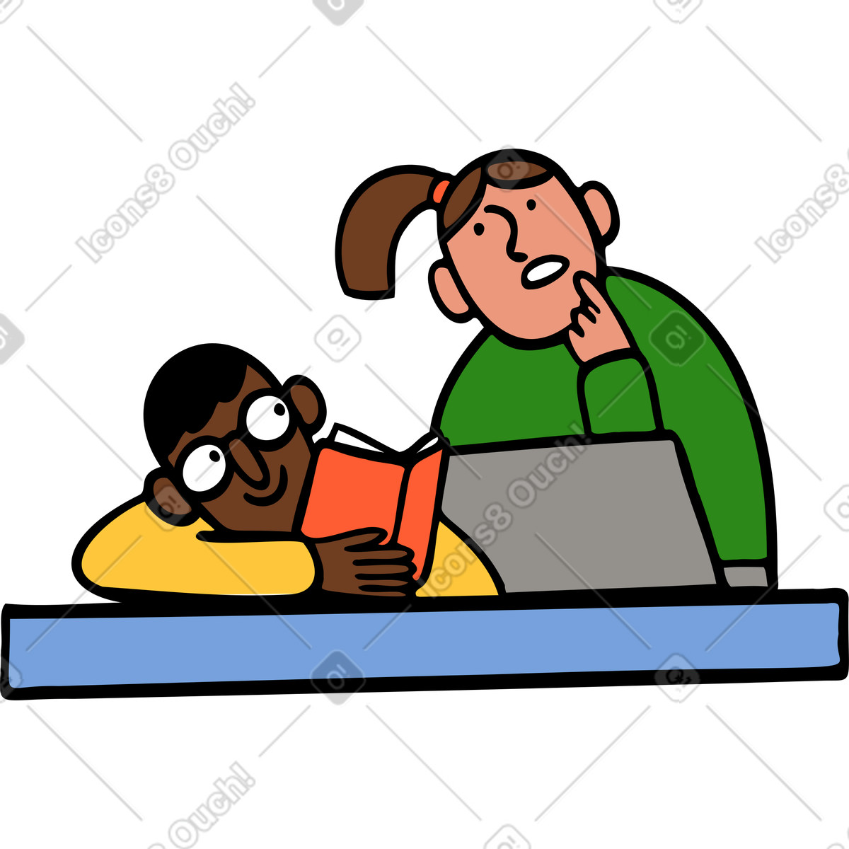 Man and woman sitting together behind a table illustration in Comic style download in PNG, SVG