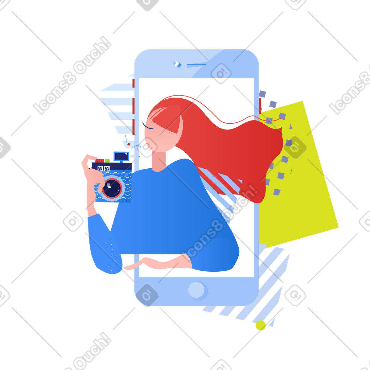 Blogger femminile che scatta foto con la fotocamera illustrazione in stile Clip scarica in PNG, SVG