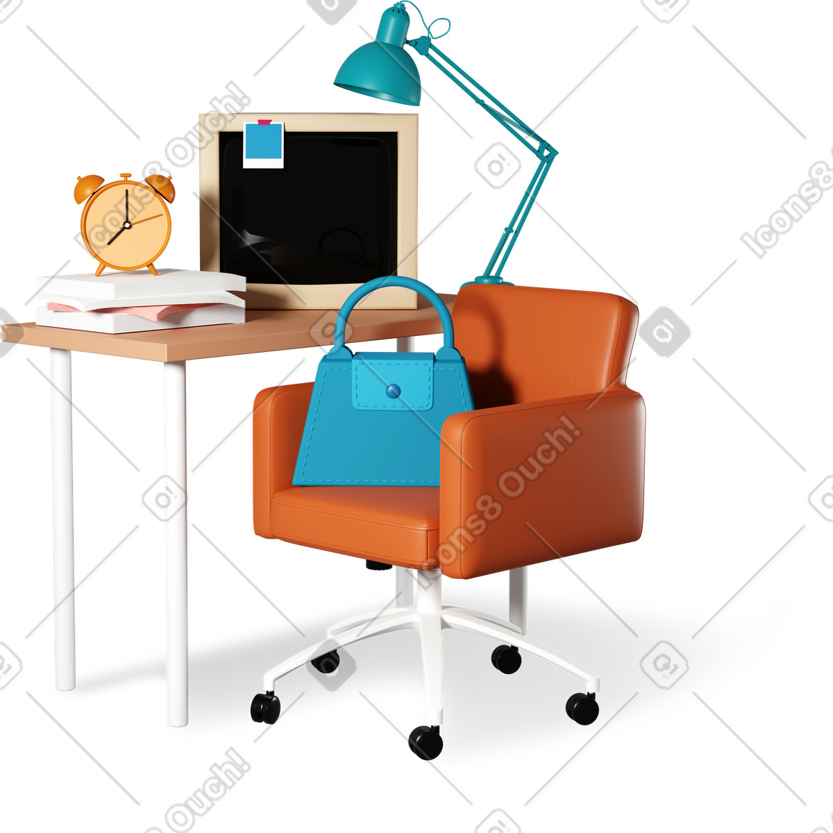 Scrivania, borsa, lampada, sveglia e lavagna illustrazione in stile 3D Plastic people scarica in PNG, SVG