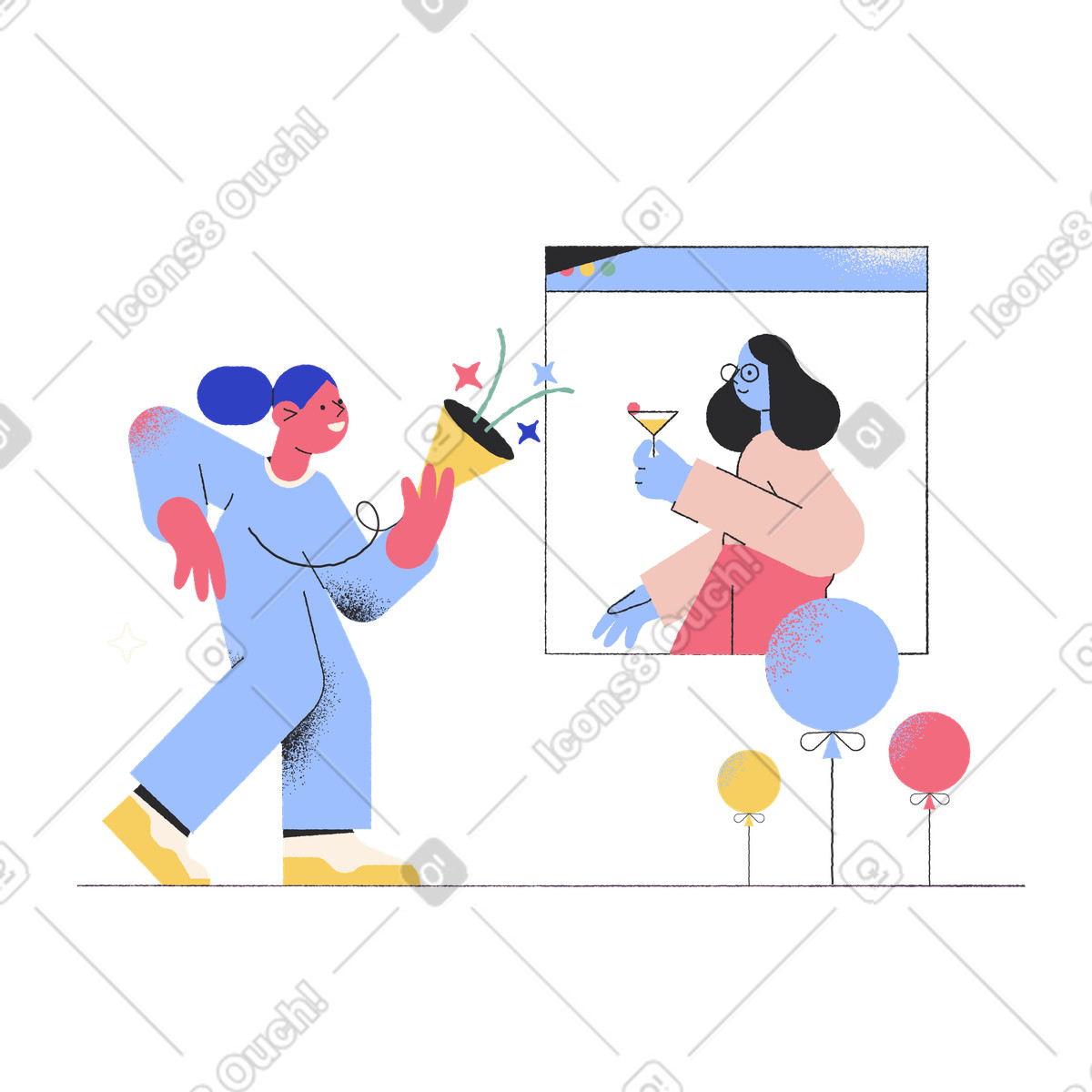 Ilustración Online party with friends, social interaction or digital celebration en estilo Pablo a descargar en PNG y SVG