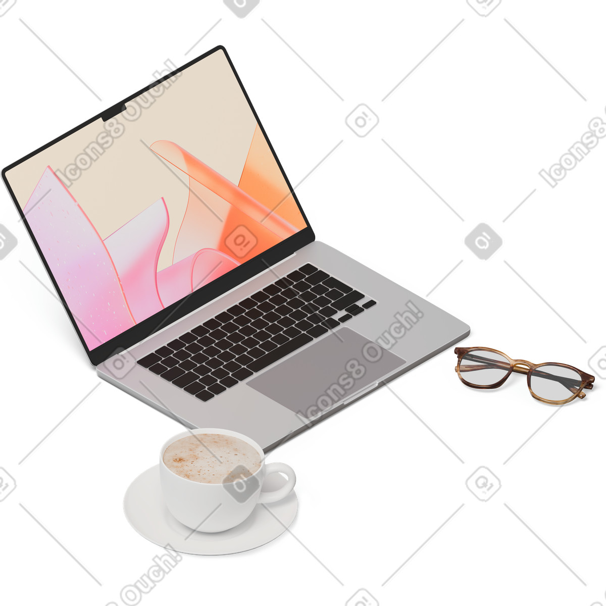 Isometrische ansicht von laptop tasse kaffee brille-Illustration im 3D Hygge-Stil als Download in PNG, SVG