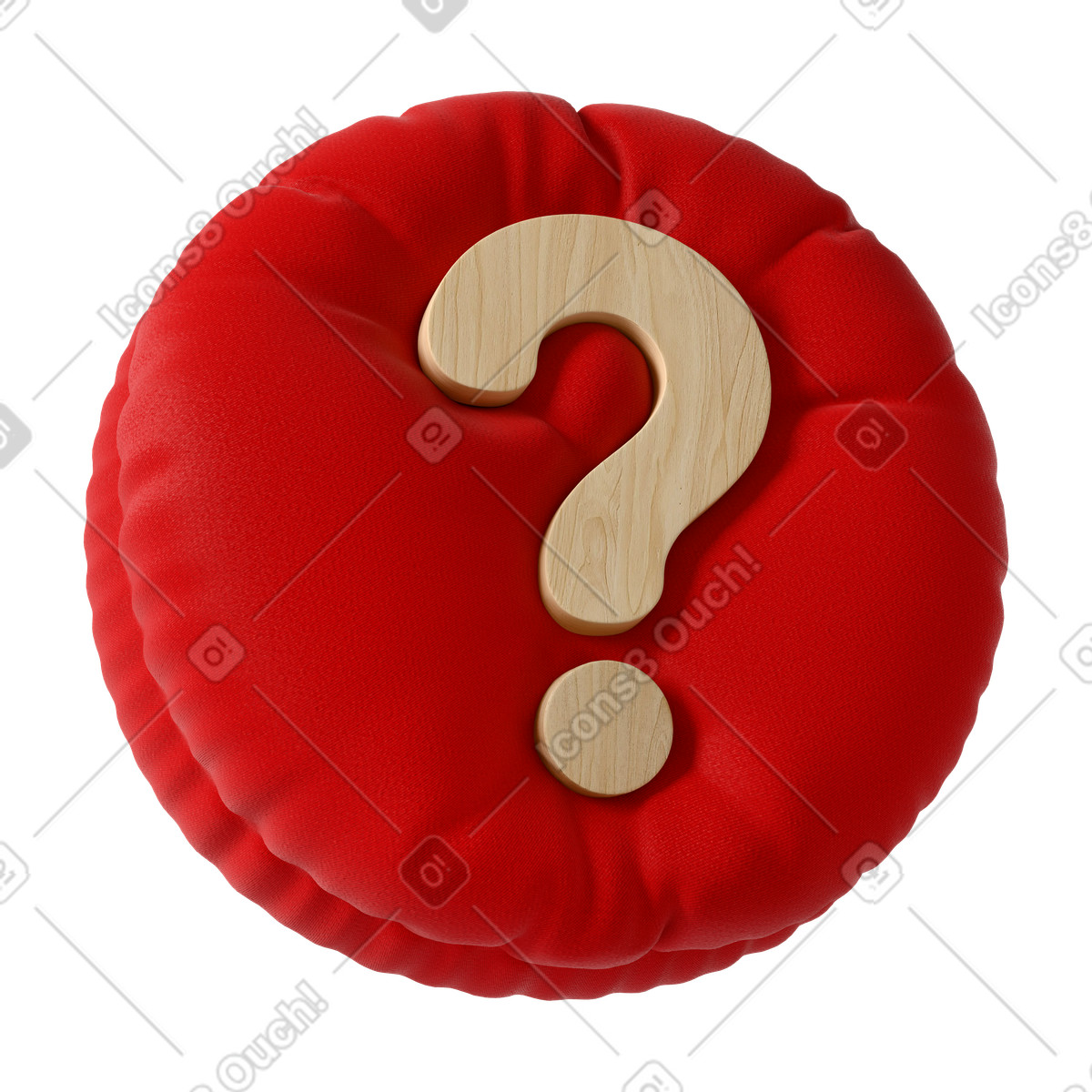 Wooden question mark on red cushion, Help and support icon, FAQ customer assistance illustration in 3D Plush icons style download in PNG, SVG