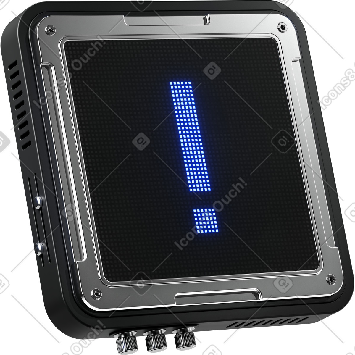 Warning exclamation mark displayed on retro electronic monitor device screen illustrazione in stile 3D Metallic scarica in PNG, SVG