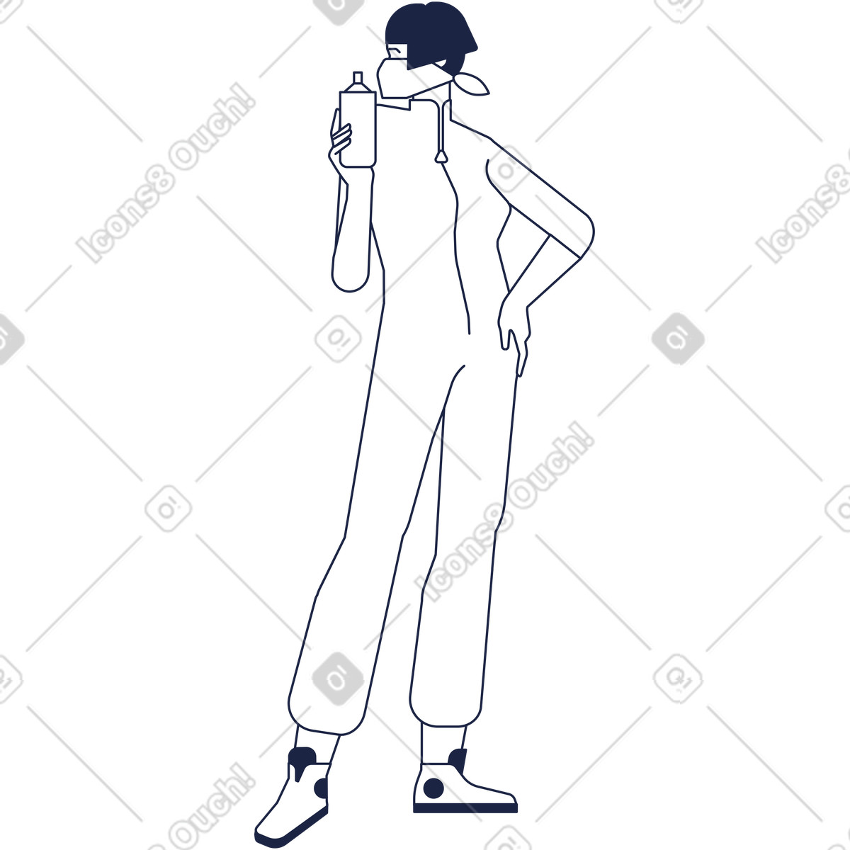 Ilustración Artista de graffiti femenino en traje blanco con lata pintura la mano estilo Urban Line a descargar PNG y SVG