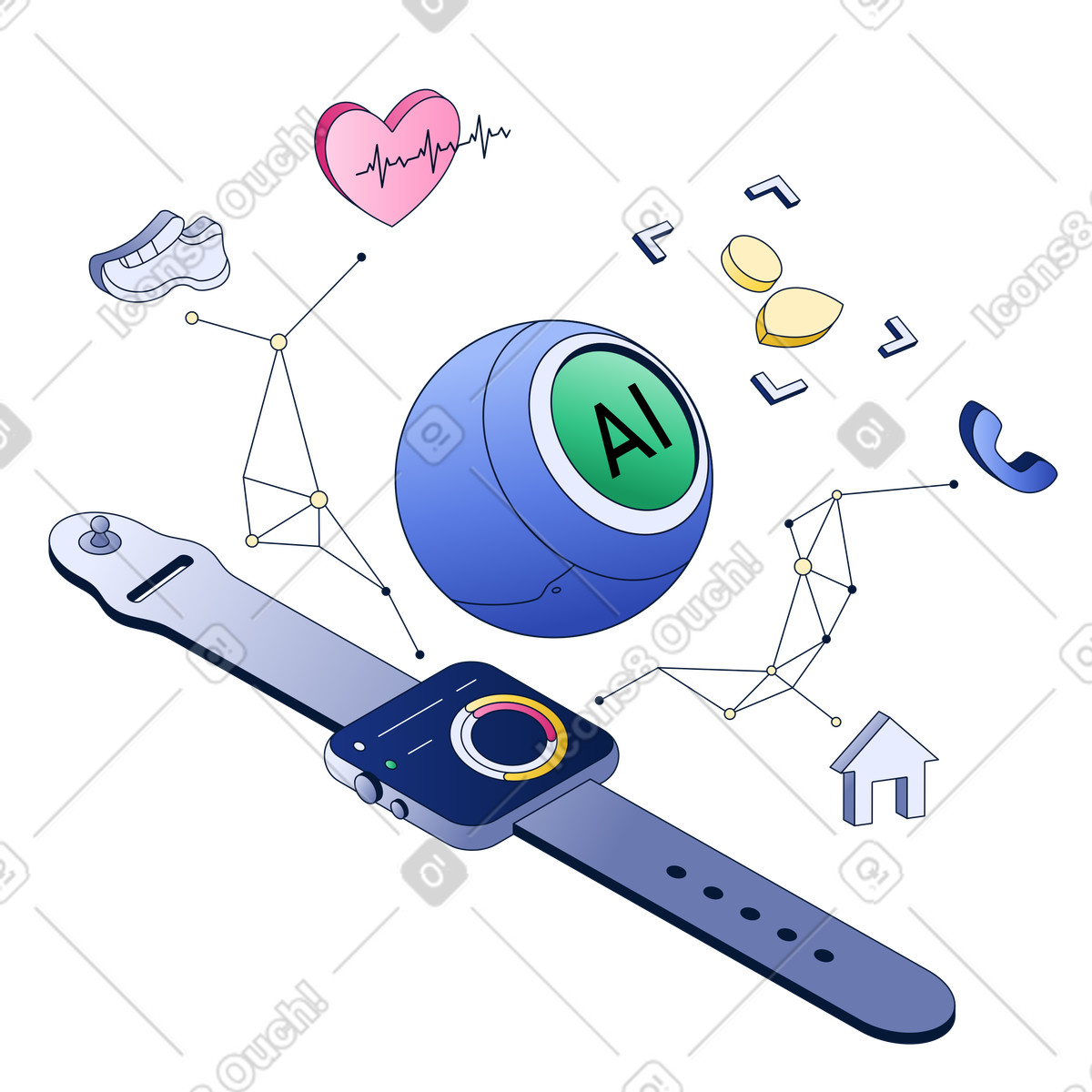 Illustration Montre intelligente avec dispositif d'intelligence artificielle dans le style Neat à télécharger aux formats PNG, SVG