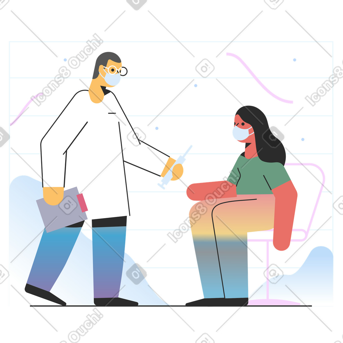 Medico che dà a una donna un vaccino illustrazione in stile Marginalia scarica in PNG, SVG