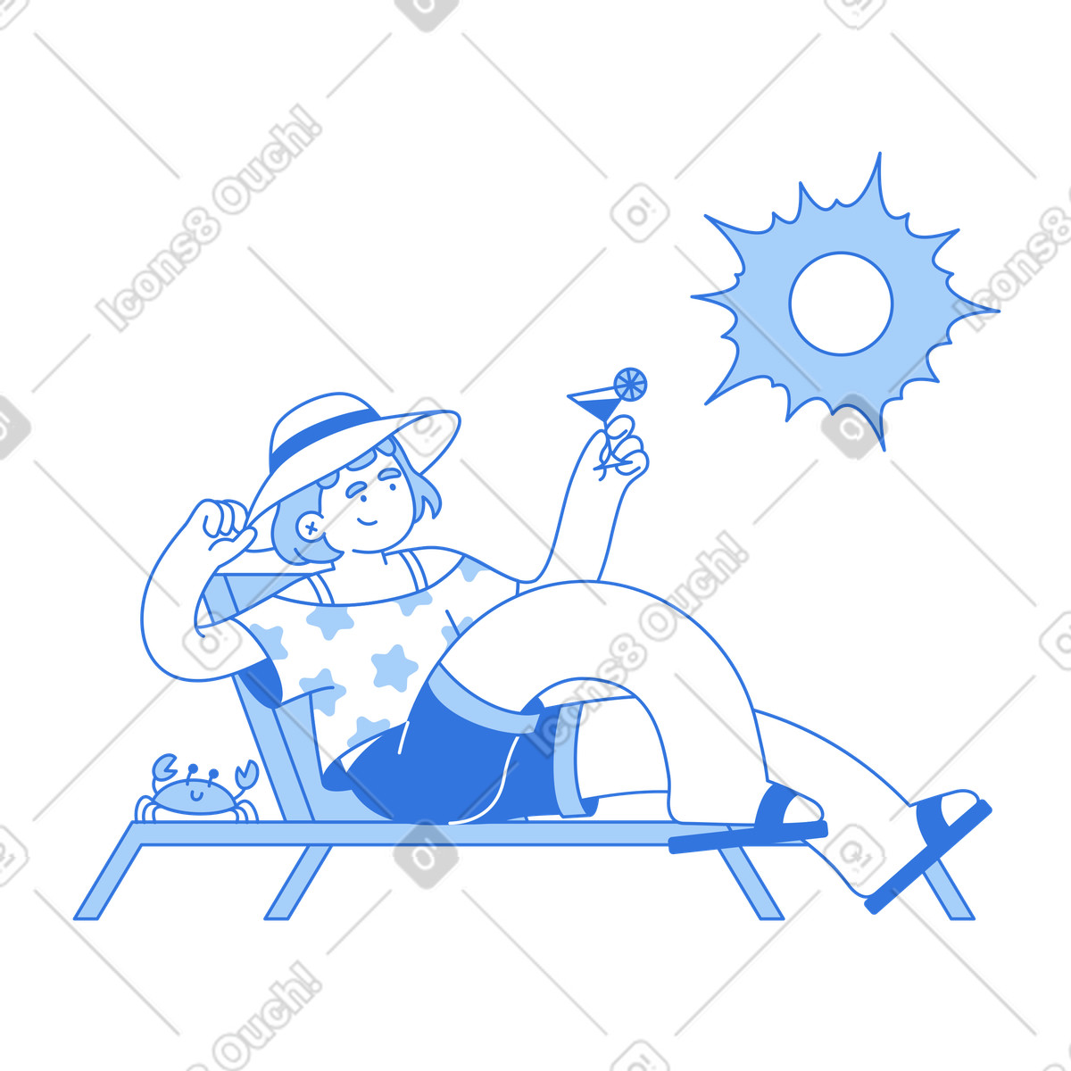 Анимированная иллюстрация Lounging with cocktail under sun, summer chill and leisure в стиле Sky — скачать в форматах GIF, Lottie (JSON), AE