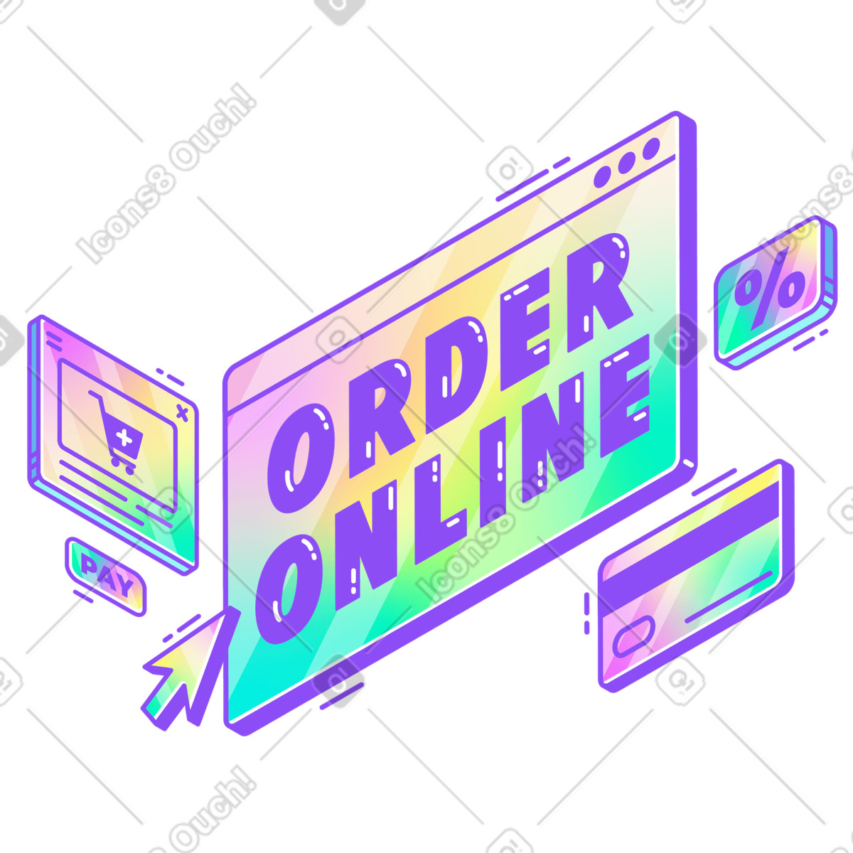 Lettering order online con segno percentuale e testo della pagina web dello shopping illustrazione in stile Holographic scarica in PNG, SVG