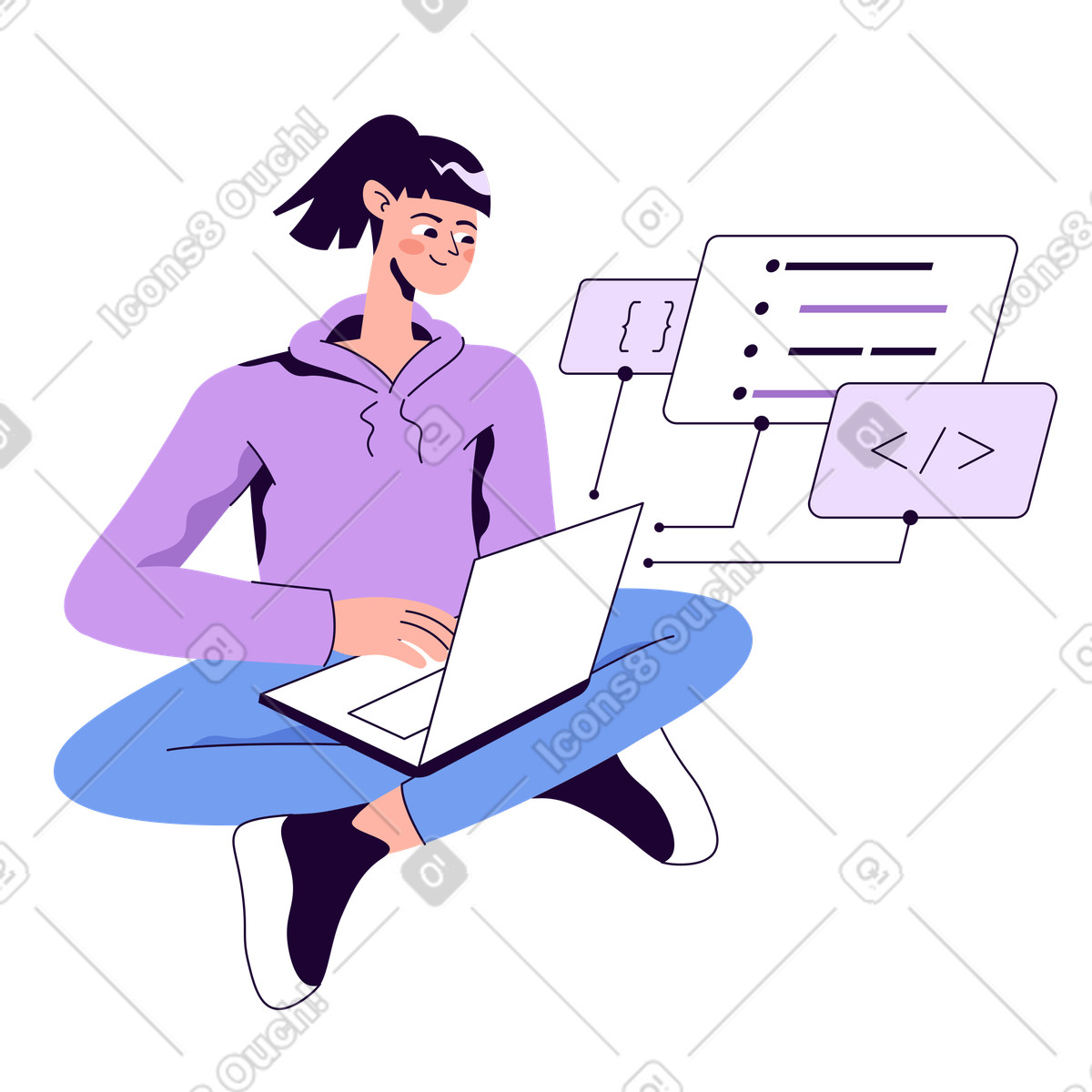 Illustration Femme faisant de la programmation sur ordinateur portable dans le style Martina à télécharger aux formats PNG, SVG