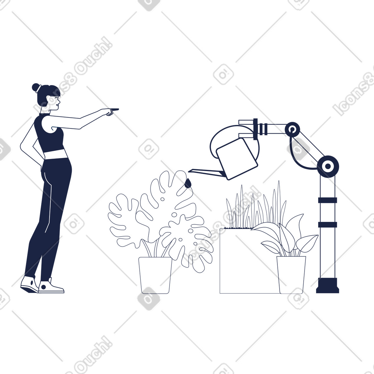 Urban Line スタイルの Controlling plant watering robot, gardening automation and smart care のイラストをPNG、SVG形式でダウンロード
