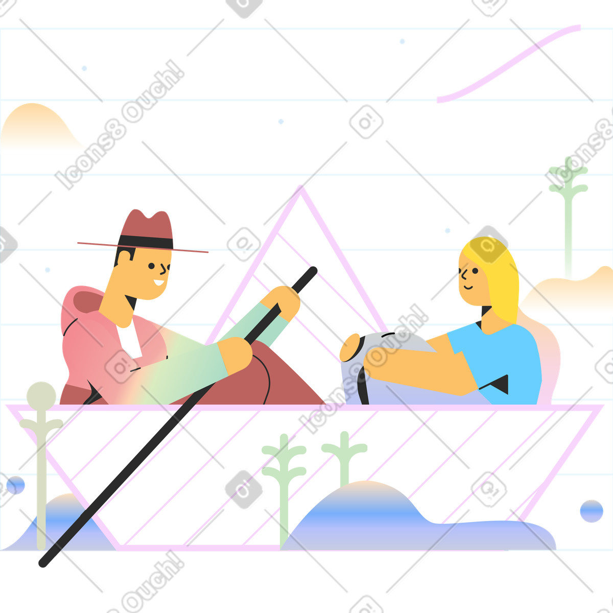 Ilustración Pareja sentada en un barco de papel estilo Marginalia a descargar PNG y SVG