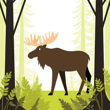 A moose with large antlers standing in a dense Canadian forest. The scene is set at dawn, with soft, diffused light filtering through the tall pine trees. Wisps of mist hover above the forest floor, creating a mystical atmosphere. The moose is surrounded by ferns and underbrush, with its dark brown fur contrasting against the greenery. In the background, shadowy outlines of more trees can be seen, adding depth to the tranquil setting.