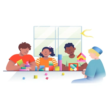 A group of four children is gathered around a table, engaged in building with colorful magnetic building blocks. Two boys and two girls are focusing intently on their structures. The boy on the left has short brown hair and is wearing a red t-shirt. He is holding a green triangular block, while a stack of blue and yellow pieces is beside him. The girl next to him has curly black hair tied in a ponytail and is wearing an orange dress; she is building a tall tower with purple and pink blocks. The boy on the right, wearing a blue cap and a striped shirt, is constructing a colorful house, laying down red and yellow blocks. The girl beside him has straight blonde hair, and she is arranging the blocks into a star shape. The table is cluttered with various shapes and colors of magnetic blocks, and sunlight streams in through a nearby window, illuminating their playful activity.