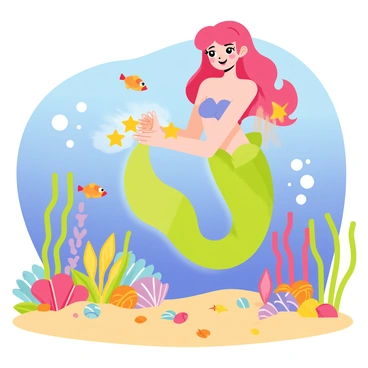 Ariel, a character with bright red hair and a green mermaid tail, is gently collecting "glowing starfish" from the ocean floor. She has a "delighted smile" on her face as she interacts with the underwater environment. Surrounding her are colorful coral reefs and various tropical fish swimming around, adding vibrancy to the scene. The ocean floor is sandy, dotted with colorful shells and seaweed, enhancing the magical underwater atmosphere.