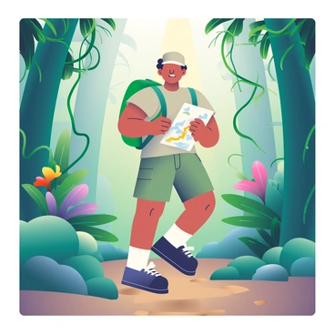 An explorer confidently entering a forbidden jungle area, map in hand