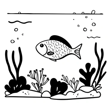 A fish swimming gracefully in an underwater environment. The fish has a streamlined body, adorned with intricate patterns and fins that flow gently with the water currents. Surrounding the fish, clusters of caviar can be seen nestled among vibrant coral formations. Various aquatic plants sway softly in the water, creating a lush backdrop for the scene. Sunlight filters through the water's surface, casting delicate shadows and highlighting the textures of the coral and the fish's scales.