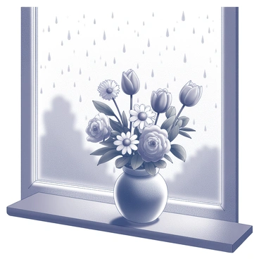 A bouquet of assorted flowers arranged in a vase sits on a wooden windowsill. The flowers include roses, daisies, and tulips, each with distinct shapes and textures. Raindrops trickle down the glass window, creating a pattern of beads that reflect the light. The scene captures the contrast between the vibrancy of the flowers and the wet, glistening glass behind them. The background features soft outlines of the outdoors, blurred by the rain.