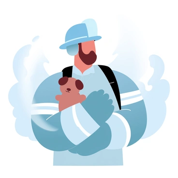 A firefighter in a protective uniform is carrying a small, fluffy dog cradled in their arms. The firefighter has their helmet on and is focused on navigating through a smoky area, with swirling gray smoke surrounding them. The background features faint outlines of trees and burnt debris. The small dog is nestled safely against the firefighter's chest, with its ears perked up, appearing alert. A soft glow from a distant light source illuminates the scene, adding a sense of urgency and hope.