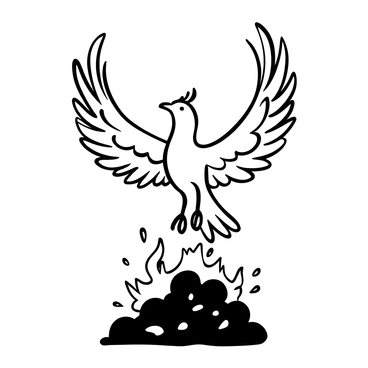 A majestic phoenix with large, intricately detailed wings is rising from a pile of ashes. The feathers of the phoenix are depicted in dynamic, flowing shapes as it ascends. Flames are surrounding the bird, curling upwards in dramatic forms, creating an energetic movement. The ashes below are scattered and uneven, emphasizing the transformation taking place. The scene conveys a sense of rebirth and power as the phoenix emerges from the remnants of its previous form.
