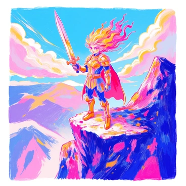 A heroic character stands triumphantly on a rugged cliff. This character has hair made of vibrant flames that flicker and dance in the wind. Their muscular build is accentuated by a suit of armor that glimmers in the sunlight. The character's expression is fierce and determined, with eyes glowing like embers. In one hand, they wield a large sword that is engulfed in a fiery aura. The backdrop features a dramatic sky, with swirling clouds and rays of light breaking through. The ground is littered with charred rocks and pieces of armor, emphasizing the character's strength and bravery.