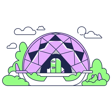 A futuristic geometric dome is prominently displayed, featuring a series of triangular framework panels that create an intricate lattice structure. The dome's surface gleams under a light source, showcasing the precision of its design. Surrounding the dome, there are smooth, circular pathways that guide toward the entrance. The area is adorned with neatly arranged greenery and abstract sculptures, enhancing the modern aesthetic of the environment. The sky overhead is clear, allowing natural light to cast shadows through the triangular openings in the dome.
