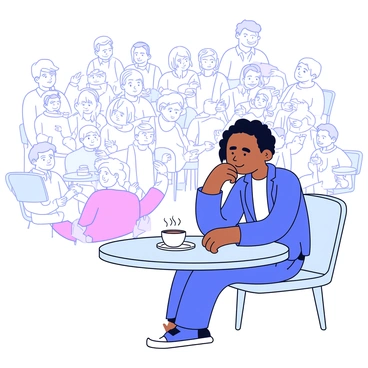 A person sitting at a small round table in a crowded café. The individual has a pensive expression, with their gaze directed downwards, as if deep in thought. The café has multiple other patrons, depicted as faint, translucent figures, engaged in conversations and activities, appearing and disappearing around the main character. The table has a steaming cup of coffee and a small plate with a pastry. The overall atmosphere is busy, with hints of chairs, tables, and café decor in soft outlines.