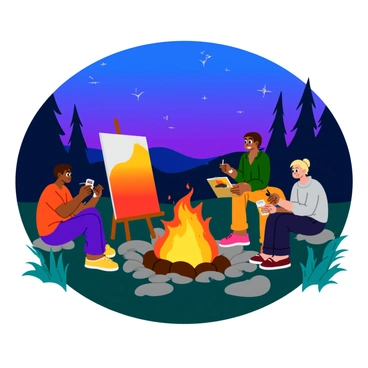 A group of artists is gathered around a bonfire as dusk settles in. One artist is capturing the flames with a large canvas, depicting the vibrant oranges, reds, and yellows of the fire. Another artist is sketching the flickering light and shadows on the ground, using charcoal to create a dramatic contrast. A third artist is painting on a smaller easel, focusing on the reflections of the firelight in nearby faces. The sky above transitions from blue to deep purple, dotted with early stars, while the artists are surrounded by tall grass and trees silhouetted against the twilight. Each artist is deeply focused on their work, conveying the warmth and energy of the scene.