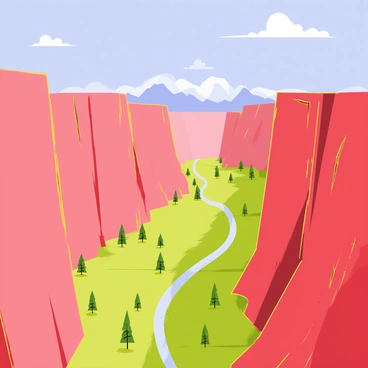 A vast canyon with jagged, rocky edges spreads across the scene. The viewpoint is at the edge, showcasing a steep drop into a deep valley filled with lush greenery and winding paths. Sunlight casts sharp shadows on the rocky surfaces, highlighting the textures and layers of the canyon walls. A few scattered clouds drift in the bright blue sky above, and distant mountains are visible on the horizon. The valley below is dotted with trees and a small river meandering through the landscape, adding depth and contrast to the view.