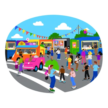 A vibrant street fair bustling with activity. Colorful food trucks line the street, each adorned with bright graphics and offering a variety of cuisines. Groups of people gather around, enjoying their meals and chatting. Musicians play lively tunes on a small stage, with a crowd swaying to the rhythm. Local artists are set up at booths, showcasing their unique paintings and crafts, while passerby admire their work. Bright banners and balloons decorate the scene, enhancing the festive atmosphere. The sky is a clear blue, adding to the cheerful ambiance.