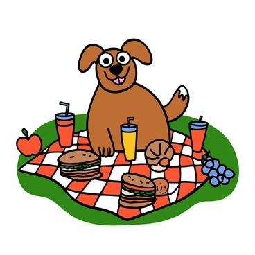 A dog with fluffy fur and big eyes is sitting happily in a grassy area, surrounded by a colorful picnic spread. The picnic blanket is checkered with red and white, and it is filled with a variety of sandwiches neatly arranged, alongside glasses of juice in vibrant colors. The dog is looking up with an excited expression, its tail wagging joyfully. There are also a couple of fruits, like apples and grapes, scattered around the picnic spread, adding to the cheerful atmosphere.