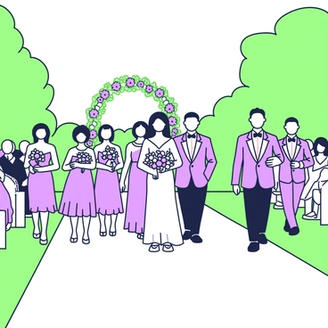 A wedding procession is taking place in a lush outdoor venue. In the foreground, a group of bridesmaids in elegant dresses walks gracefully down the aisle. Each bridesmaid carries a bouquet of flowers. They are followed closely by a group of groomsmen in matching suits, looking sharp and smiling as they walk. The aisle is lined with decorative flowers and greenery, creating a vibrant atmosphere. In the background, guests are seated on either side, watching the procession with anticipation. At the end of the aisle, a beautiful archway decorated with flowers is visible.