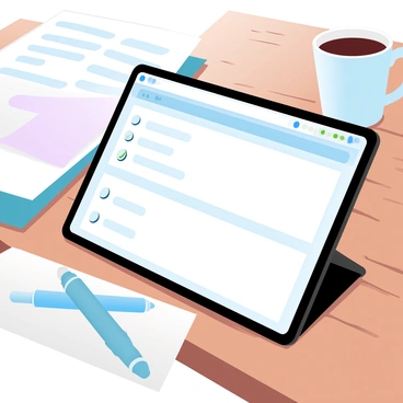 A tablet rests on a wooden table displaying a feedback form that has been filled out. The form includes various sections with checkmarks next to options for satisfaction levels, and comments written in a text box. A pen lies next to the tablet, indicating recent use. The setting features soft lighting, highlighting the tablet's screen and the texture of the wooden table. A blurred background includes hints of training materials and a coffee mug.