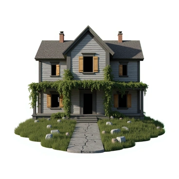 A decrepit mansion with a weathered, gray exterior and a sagging roof. Its broken windows are partially boarded up with wooden planks, allowing glimpses of darkness inside. Overgrown vines crawl up the walls, wrapping around the structure and hanging down in thick tendrils. The front yard is filled with wild grass and scattered stones, leading up to a cracked stone pathway. The atmosphere is heavy with a sense of abandonment and decay.