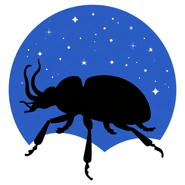 A black Hercules beetle is prominently featured in the foreground, its distinctive curved horns and robust body clearly outlined. The background reveals a deep blue starry night sky filled with countless small white stars twinkling against the vastness of the darkness. The contrast between the silhouette of the beetle and the shimmering stars enhances the visual impact of the scene.