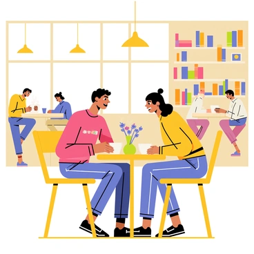 A young couple sitting at a small round table in a cozy café. The couple is smiling at each other, both showing a hint of nervousness. They each have a steaming cup of coffee in front of them, with the coffee cups being white ceramic. The café has warm lighting and wooden furniture, with a small vase of flowers on the table. There are bookshelves in the background, filled with colorful books, and a few customers sitting at nearby tables, enjoying their drinks.
