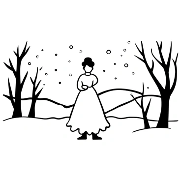 A figure wearing a "white flounce gown" stands in the center of a "snowy landscape." Snowflakes gently fall around the figure, adding to the winter atmosphere. The ground is covered in a thick layer of snow, creating a smooth, even surface. Bare trees with branches dusted in snow frame the scene, contributing to the serene setting. In the background, gentle hills covered in snow rise up, completing the tranquil winter scene.