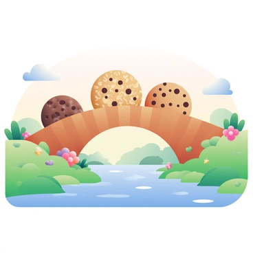 A whimsical bridge made entirely of giant cookies spans across a river of milk. The bridge is composed of large chocolate chip, oatmeal raisin, and sugar cookies, each showcasing realistic texture and color variations. Below, the river of milk flows gently, with occasional ripples and reflections of the cookies above. Lush green grass lines both banks of the river, with colorful candy flowers scattered throughout. In the distance, a pastel sky adds to the playful atmosphere, with fluffy clouds floating overhead.
