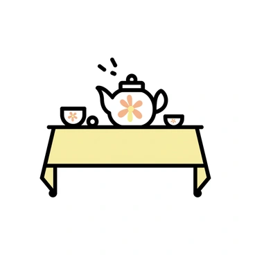 A whimsical teapot, adorned with vibrant "calendula flowers" in various shades of orange and yellow, sits elegantly on a cozy tea set table. The table is covered with a soft beige tablecloth, creating a warm atmosphere. Surrounding the teapot are matching tea cups, each featuring the same "calendula flower" design. A small sugar bowl and a delicate creamer complete the setup, adding to the inviting tea time scene.