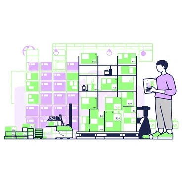 A person is standing in a wholesale distribution center, focused on managing inventory using a tablet. The individual has short hair and is dressed in a blue shirt and gray pants. They are positioned in front of towering shelves filled with various boxes and products. The tablet displays a detailed inventory management interface. Nearby, there are several pallets stacked with goods, and a small forklift is parked in the background. High above, bright lights illuminate the expansive space, highlighting the organized layout of the center.