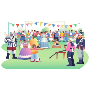 A large historical reenactment event is taking place in a park setting. There are several participants dressed in various period costumes from different eras, including a knight in shining armor, a Victorian lady in a flowing dress, and a soldier in a 19th-century uniform. The knight is holding a sword, while the Victorian lady is gracefully interacting with children from the crowd who are admiring her attire. Nearby, a soldier is demonstrating a musket to an interested group of onlookers. Colorful banners are hanging around the event area, adding to the festive atmosphere. The grass is lush and green, and there are wooden tables displaying historical artifacts. The crowd is engaged, some taking photographs while others are clapping and cheering for the reenactors.
